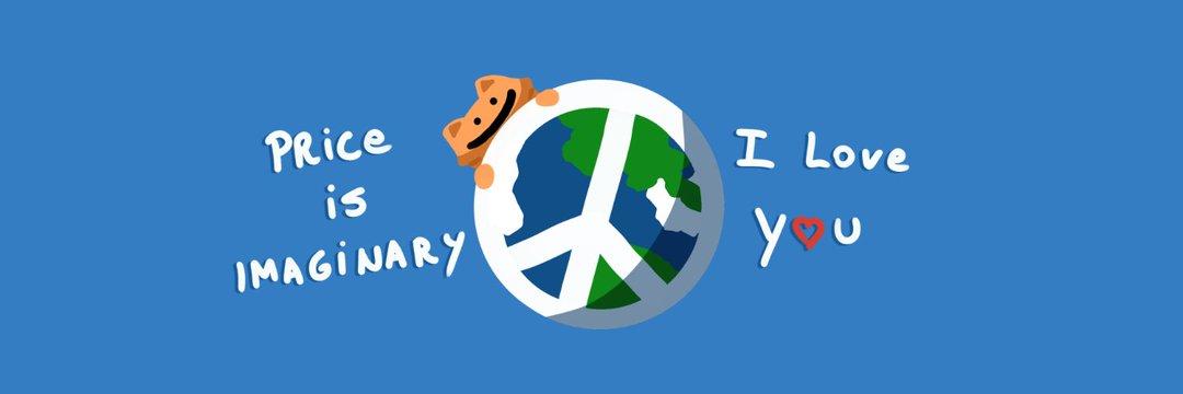 An orange Gizmo kitten hugging a peace-sign globe, with the words Price is imaginary, I love you